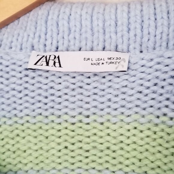 Zara Crochet 3D Floral Embroidered Striped Polo Collared Sweater L Blue Fairy - Picture 9 of 16